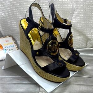 (W4) MICHAEL Michael Kors Black Wedge Sandals Espadrille 'Aubrey Charm, siz/8.5